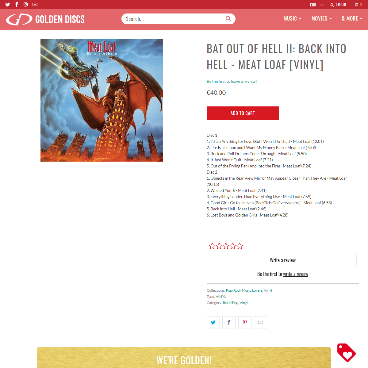 Bat Out of Hell II- Back Into Hell - Meat Loaf [VINYL] - Golden Discs
