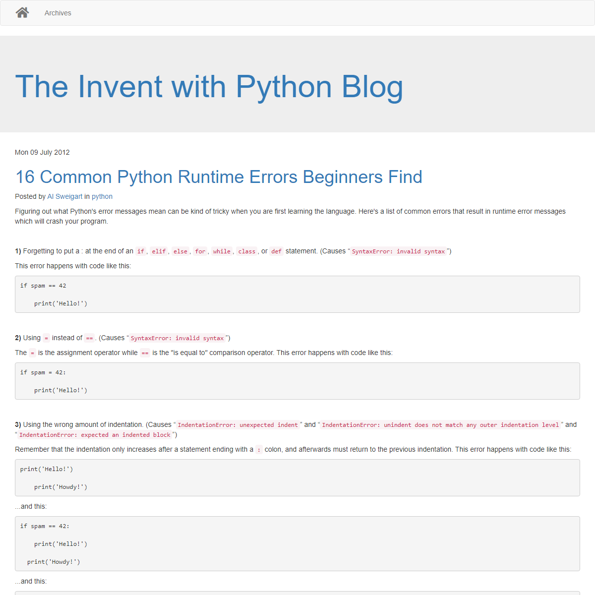 A complete backup of https://inventwithpython.com/blog/2012/07/09/16-common-python-runtime-errors-beginners-find/