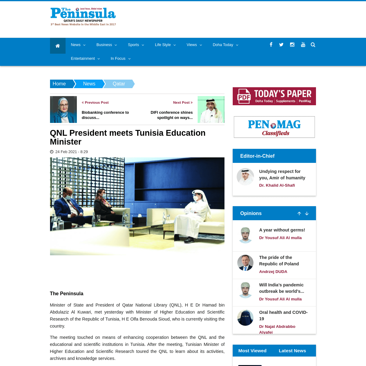 A complete backup of https://www.thepeninsulaqatar.com/article/24/02/2021/QNL-President-meets-Tunisia-Education-Minister